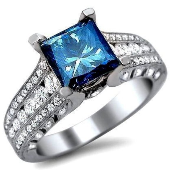 ✨ Beauty Pure Blue Zircon Princess Cut Three Layer Cubic Rings for Women, PD638 - Picture 1 of 5